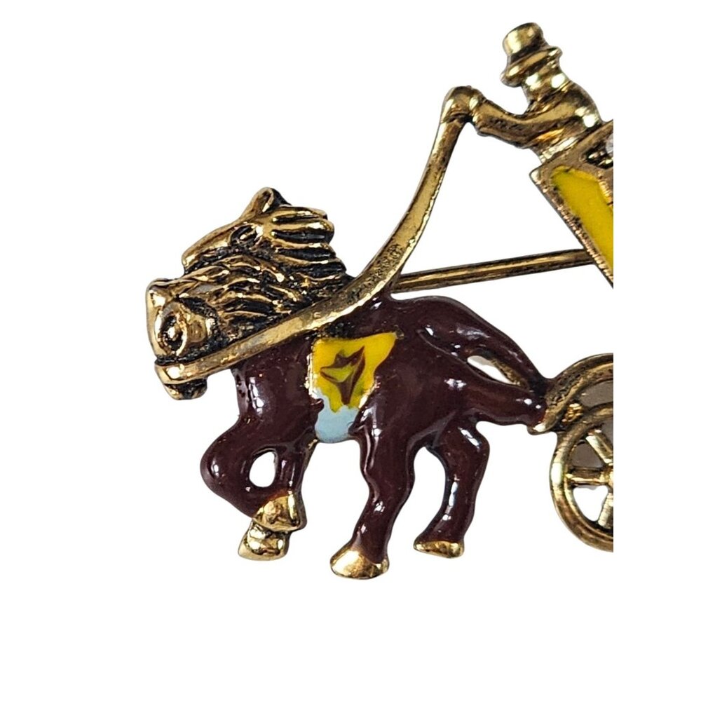 Vintage Horse & Carriage Brooch Gold Tone Enamel Rhinestone Victorian Style Pin - Picture 4 of 5